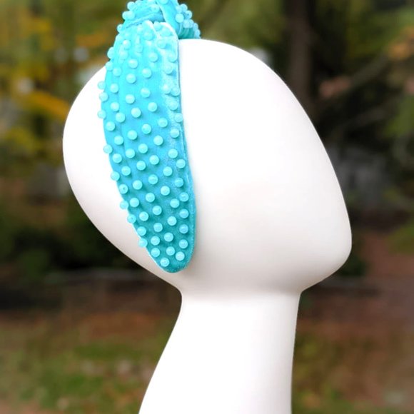 Tiffany Blue Beaded Knot Velvet Headband Aqua Amazonite Acrylic Beads Handmade main image 4